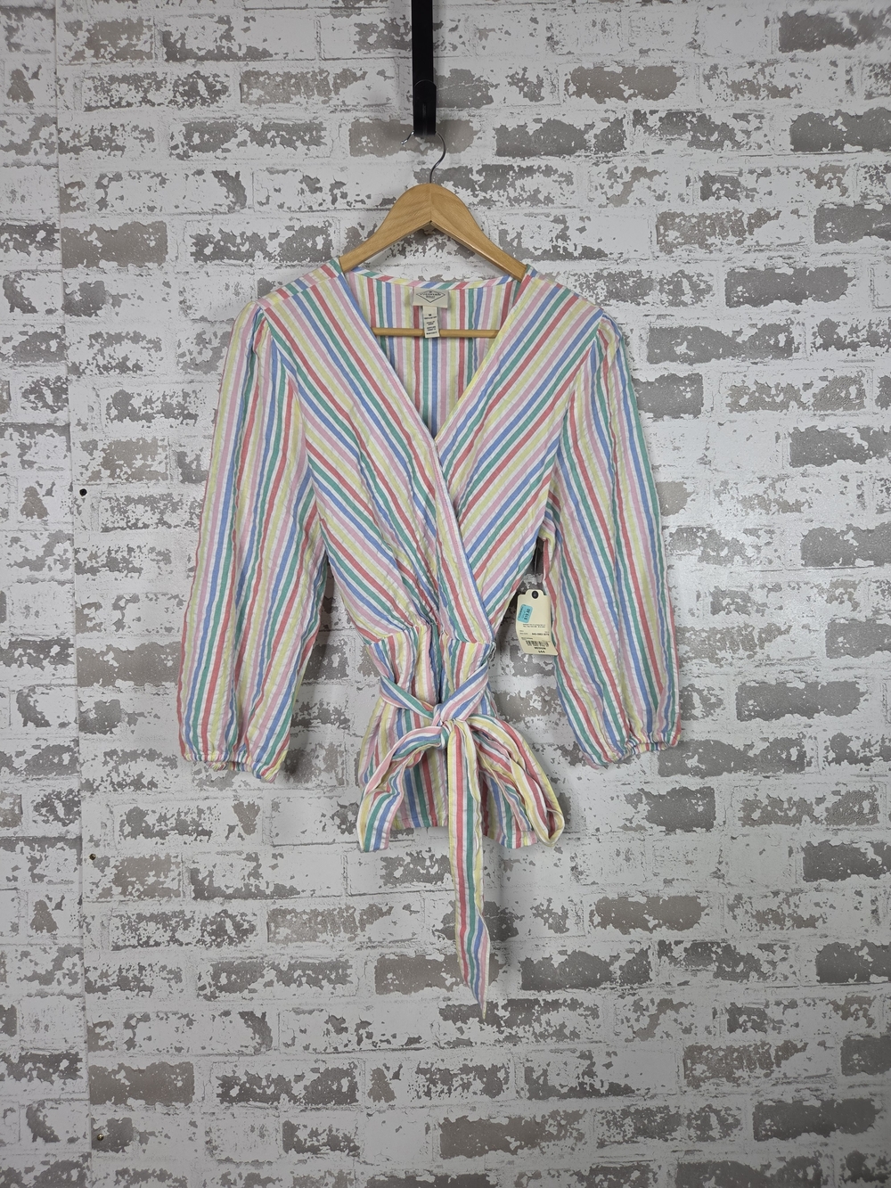 St Johns Bay Pastel Stripe Seersucker Blouse Peplum Boho Summer Coastal Medium
